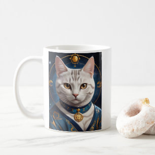 Regal Amerikaanse Korthaar Kat Gekleed in Blauw Koffiemok