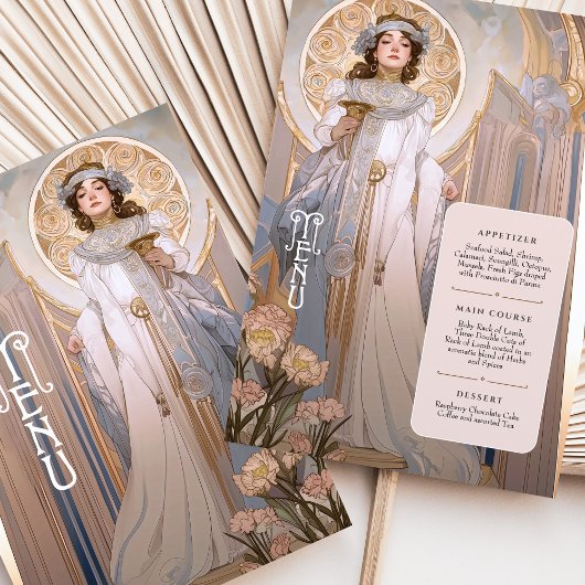 Regal Art Nouveau Trouwmenu Kaart Gouden Accenten