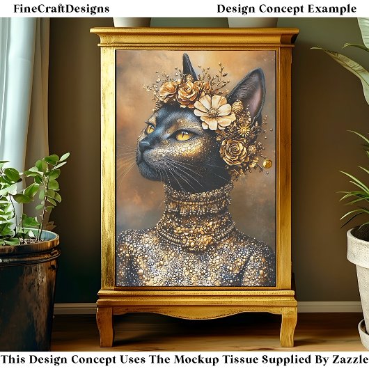 Regal Black Cat in Gold Portrait EB3L Decoupage Tissuepapier