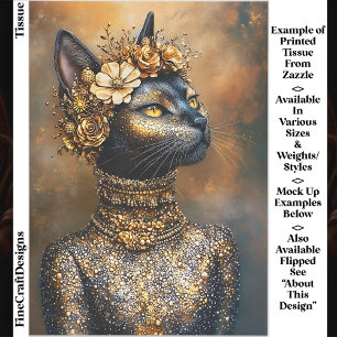 Regal Black Cat in Gold Portrait EB3R Decoupage Tissuepapier