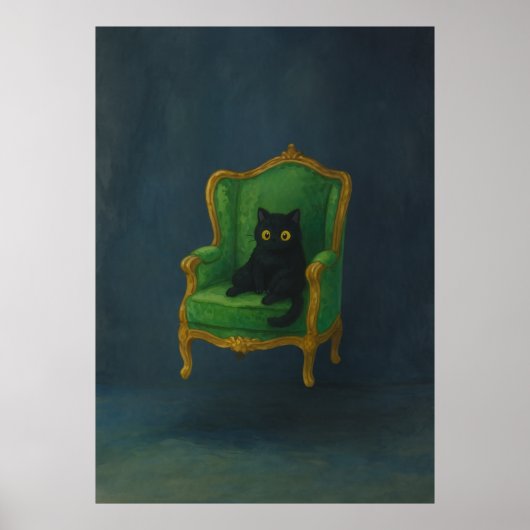 Regal Black Cat op een groene fauteuil Poster (Voorkant)