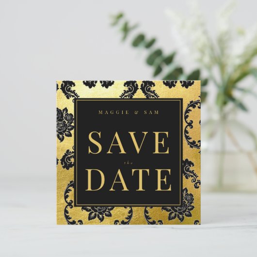 Regal Black & Gold Damask Wedding Bewaar de datum Save The Date (Staand voorkant)