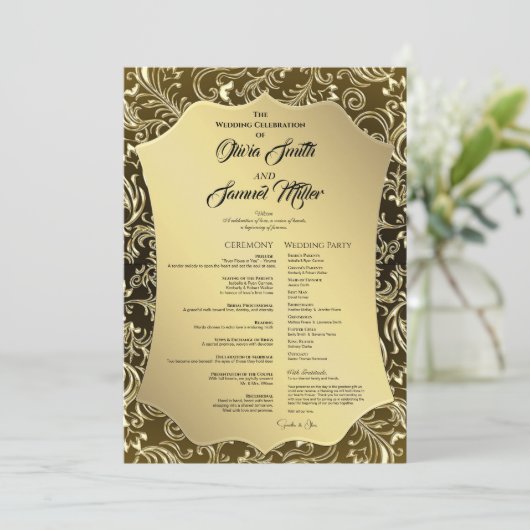 Regal Black Gold Damask Wedding Program Kaart (Staand voorkant)
