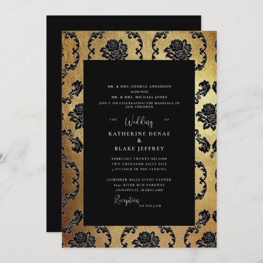 Regal Black & Gold Elegant Beide ouders bruiloft Kaart (Voorkant / Achterkant)