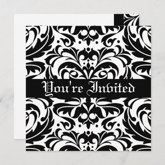Regal Black & White Damask Scroll Invitation Kaart (Voorkant / Achterkant)