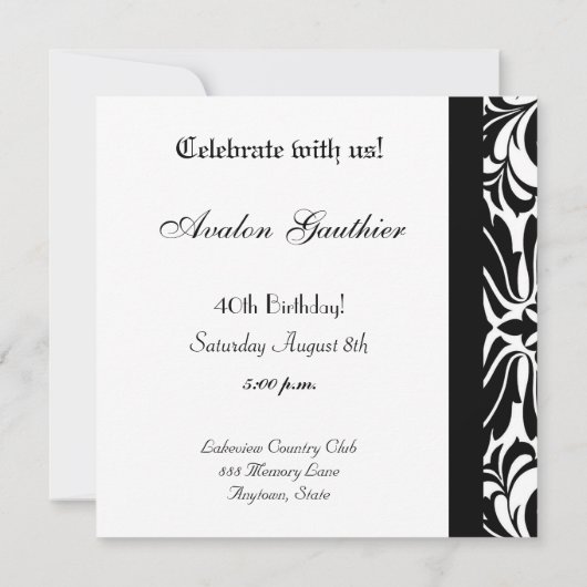 Regal Black & White Damask Scroll Invitation Kaart (Achterkant)