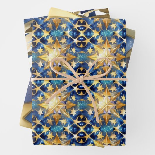 Regal blauw en goud vakantie inpakpapier combo (In situ)