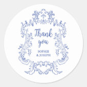 Regal blauw en wit  barok Lijst bruiloft Ronde Sticker (Voorkant)