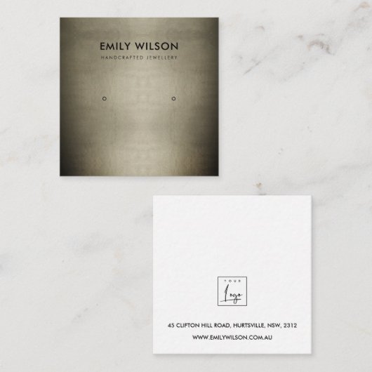 REGAL BLEEK GOLD SILVER STUD EARRING DISPLAY LOGO VIERKANTE VISITEKAARTJE (Voorkant / Achterkant)