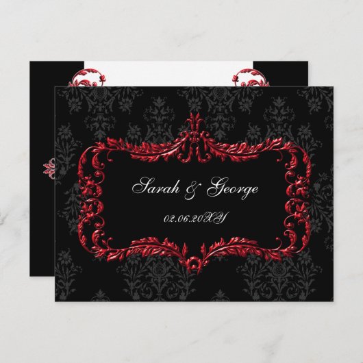 Regal bloeit zwart en rood damast RSVP (Voorkant / Achterkant)