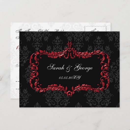 Regal bloeit zwart en rood damast RSVP Uitnodiging Briefkaart (Voorkant / Achterkant)