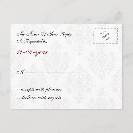 Regal bloeit zwart en rood damast RSVP Uitnodiging Briefkaart (Achterkant)