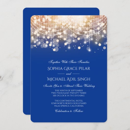 Regal Blue and Gold Bokeh Lights Invitation Kaart (Voorkant / Achterkant)