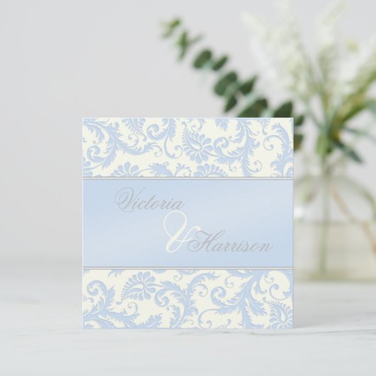 Regal Blue en Ivory Damask bruiloft uitnodiging (Staand voorkant)