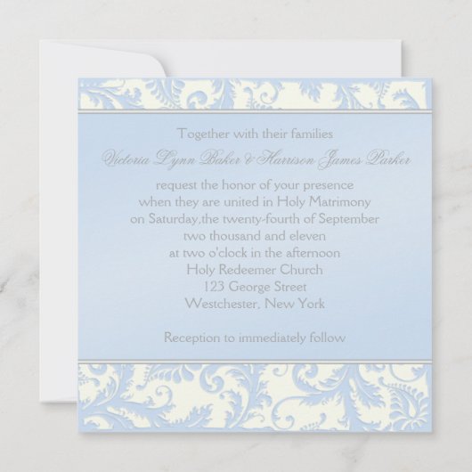 Regal Blue en Ivory Damask bruiloft uitnodiging (Achterkant)