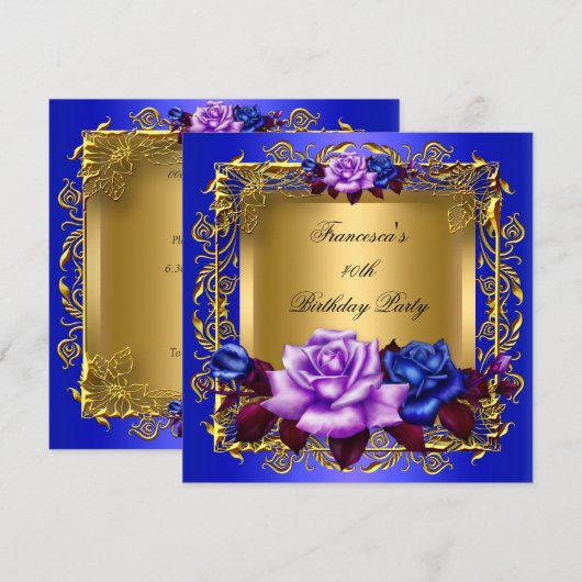 Regal Blue Lila Rozen Gold legant Birthday A Kaart (Voorkant / Achterkant)