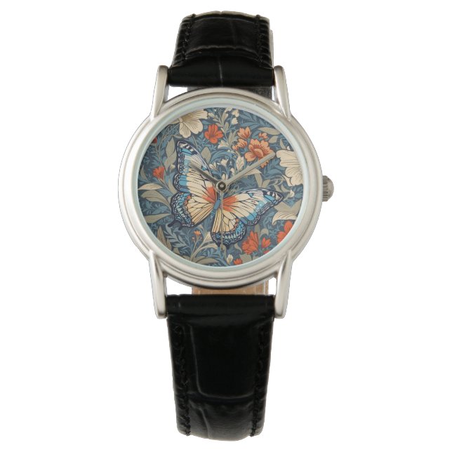 Regal Butterfly temidden van William Morris Floral Horloge (Voorkant)