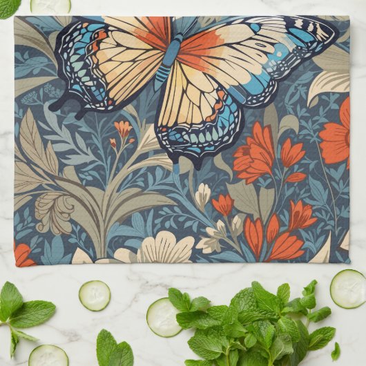 Regal Butterfly temidden van William Morris Floral Theedoek (Gevouwen)