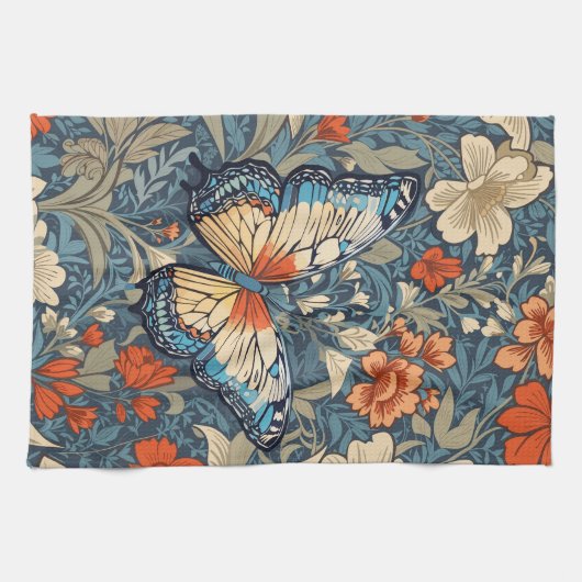 Regal Butterfly temidden van William Morris Floral Theedoek (Horizontaal)
