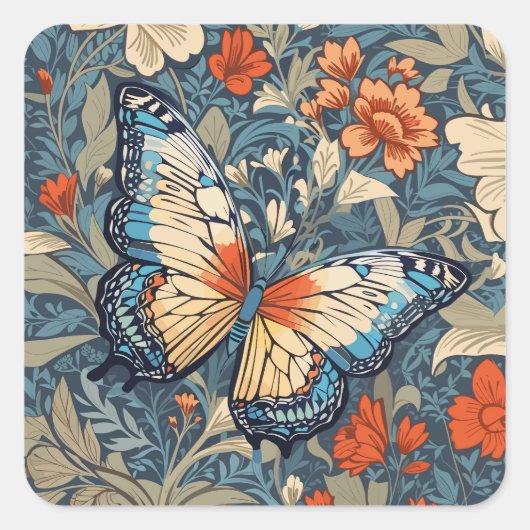 Regal Butterfly temidden van William Morris Floral Vierkante Sticker (Voorkant)