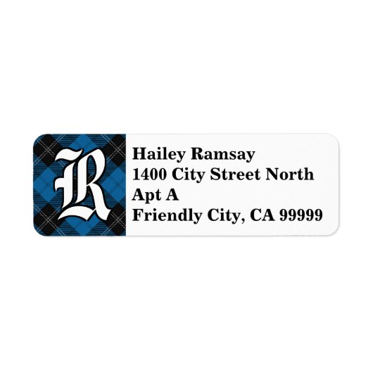 Regal Clan Ramsay Blue en Black Tartan Monogram Etiket (Voorkant)