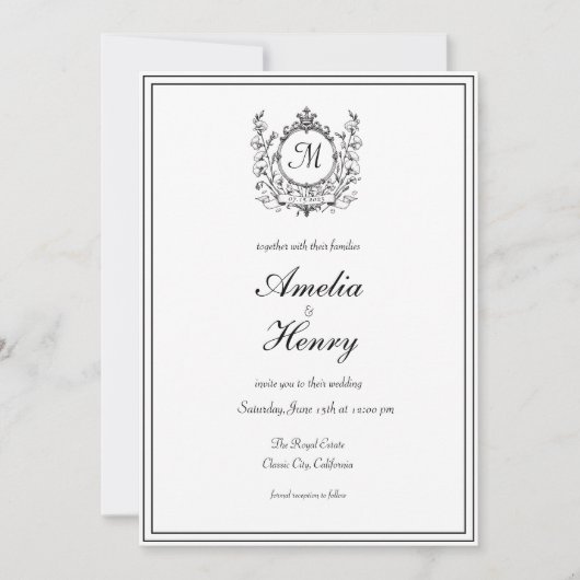 Regal Classic Formeel Monogram Crest Bruiloft Kaart (Voorkant)