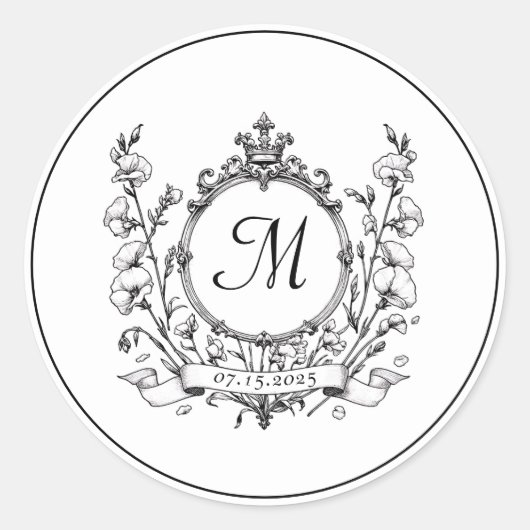 Regal Classic Formeel Monogram Crest Bruiloft Ronde Sticker (Voorkant)