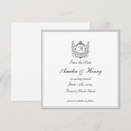 Regal Classic Formeel Monogram Crest Bruiloft Save The Date (Voorkant / Achterkant)