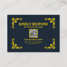 Regal Contrast Middenblauw & Goud QR RSVP Kaart