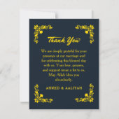Regal Contrast Midnight Blue & Gold Floral Wedding Bedankkaart (Voorkant)