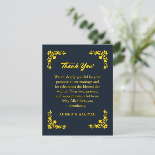 Regal Contrast Midnight Blue & Gold Floral Wedding Bedankkaart (Staand voorkant)