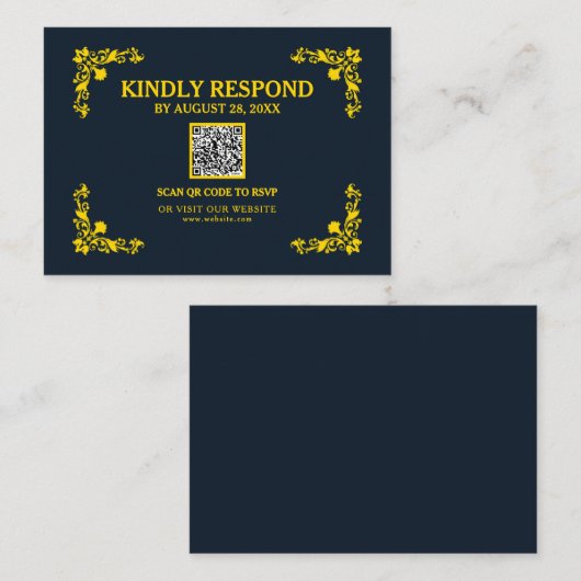 Regal Contrast Midnight Blue & Gold QR RSVP Card Informatiekaartje (Voorkant / Achterkant)