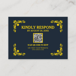 Regal Contrast Midnight Blue & Gold QR RSVP Card Informatiekaartje