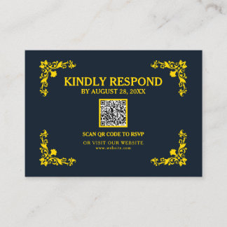 Regal Contrast Midnight Blue & Gold QR RSVP Card Informatiekaartje