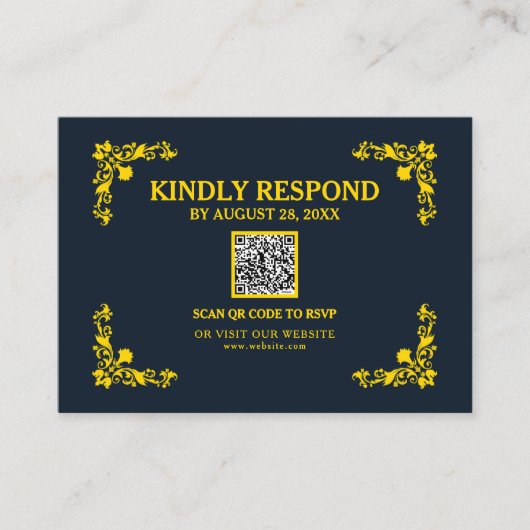 Regal Contrast Midnight Blue & Gold QR RSVP Card Informatiekaartje (Voorkant)