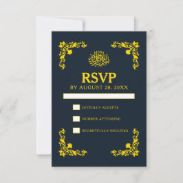 Regal Contrast Midnight Blue & Gold Wedding RSVP Kaartje