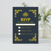 Regal Contrast Midnight Blue & Gold Wedding RSVP Kaartje (Staand voorkant)
