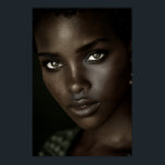 Regal Ebony Portrait Intense Gaze Gold Hoops Poster<br><div class="desc">A luminous close-up captures deep ebony skin sculpted by soft light, highlighting razor-sharp cheekbones, full glossy lips, and piercing hazel-green eyes framed by bold winged liner. Natural curls hug the face tightly while small gold hoops and rich green embroidered fabric add refined luxury against a velvety black backdrop. The portrait...</div>