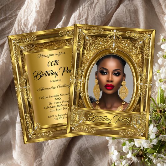 Regal Elegant Photo Birthday Party Gold Pareltjes Kaart