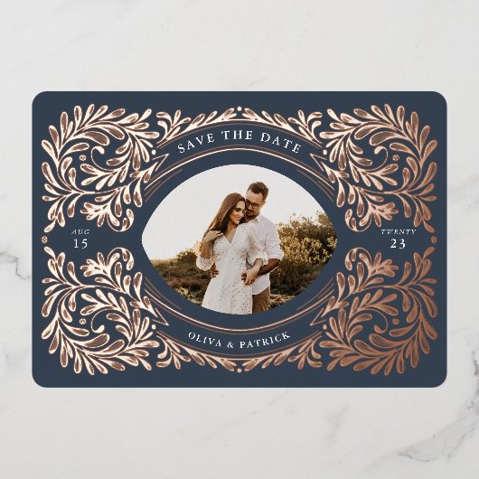 Regal Embellish Save the Date Photo Navy Folie Uitnodiging (Voorkant)