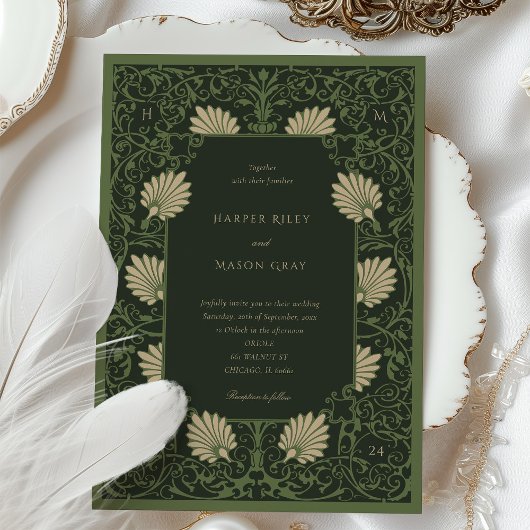 Regal Emerald Groen Antiek Goud Barok Bruiloft Kaart