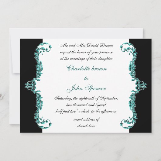 " regal floural black and aqua damask nodigt uit kaart (Achterkant)