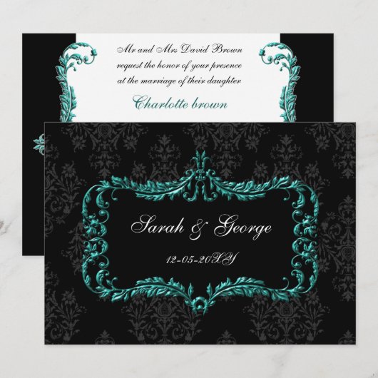 " regal floural black and aqua damask nodigt uit kaart (Voorkant / Achterkant)