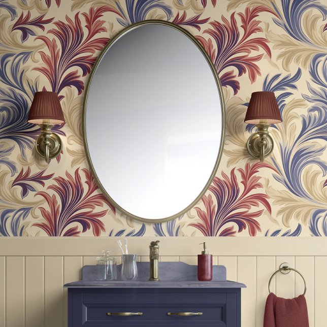 Regal Flourish Elegance Beige, Bourgogne en blauw Behang (Regal Flourish Elegance - Beige, Burgundy, and Blue - Traditional Peel and Stick Wallpaper)