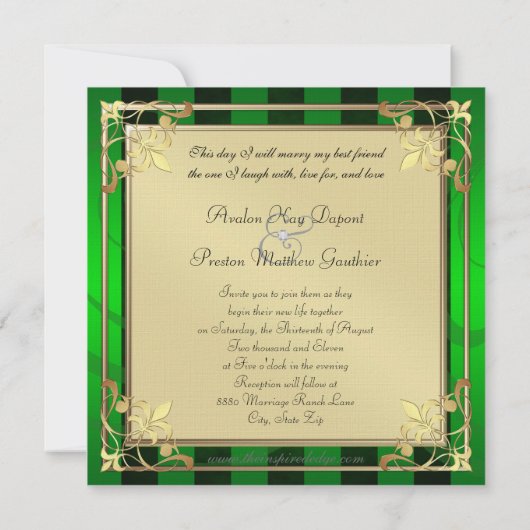 Regal Gold Filigree Green Stripe Invitation Kaart (Achterkant)