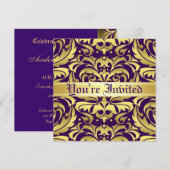 Regal Gold Metal Damask Paarse Scroll Uitnodiging (Voorkant / Achterkant)