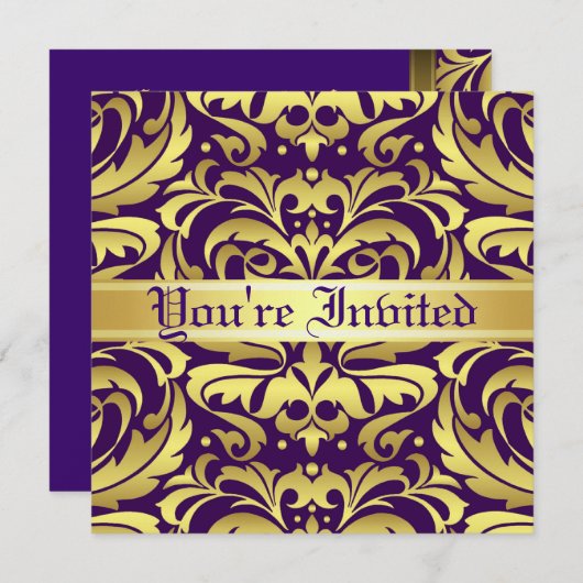 Regal Gold Metal Damask Paarse Scroll Uitnodiging (Voorkant / Achterkant)