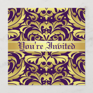 Regal Gold Metal Damask Paarse Scroll Uitnodiging