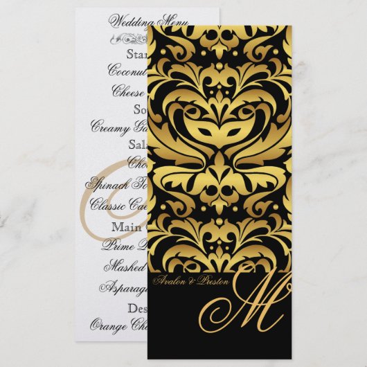 Regal Gold Monogram Damask Wedding Menu (Voorkant / Achterkant)