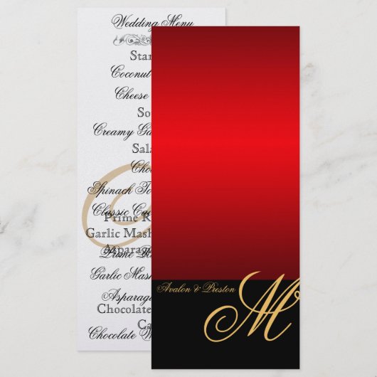 Regal Gold Monogram Red Modern Wedding Menu (Voorkant / Achterkant)